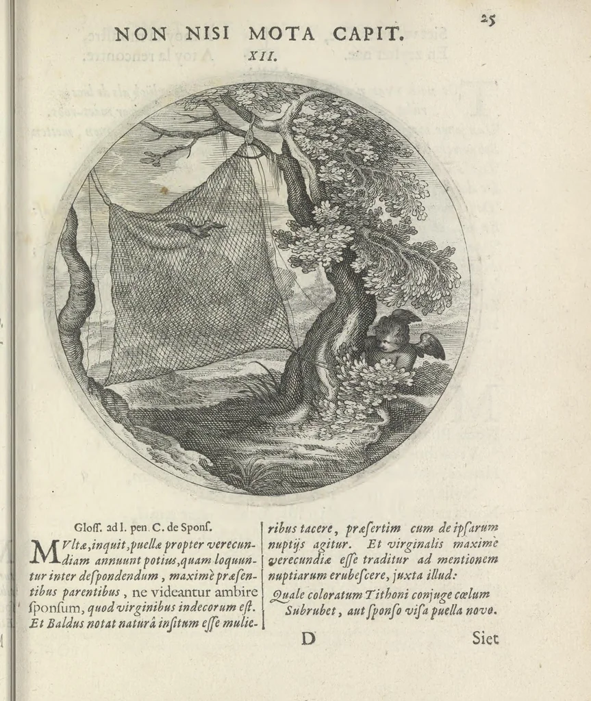 An illustration from Maechden-pflicht ofte ampt der ionck-vrovvven in eerbaer liefde aen-ghewesen door sinne-beelden. Officivm puellarum in castis amoribus emblemate expressum, 1618, leaf 44