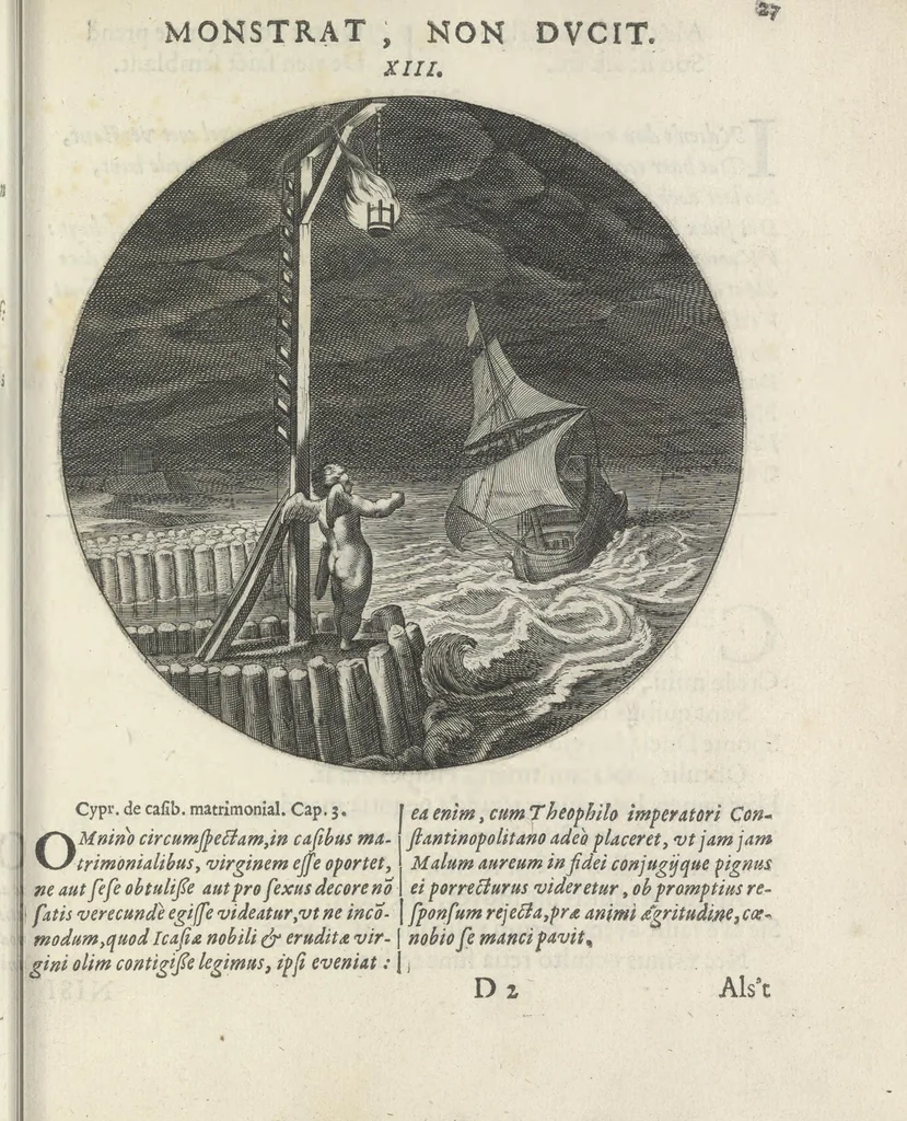 An illustration from Maechden-pflicht ofte ampt der ionck-vrovvven in eerbaer liefde aen-ghewesen door sinne-beelden. Officivm puellarum in castis amoribus emblemate expressum, 1618, leaf 46