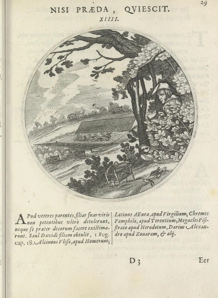 An illustration from Maechden-pflicht ofte ampt der ionck-vrovvven in eerbaer liefde aen-ghewesen door sinne-beelden. Officivm puellarum in castis amoribus emblemate expressum, 1618, leaf 48