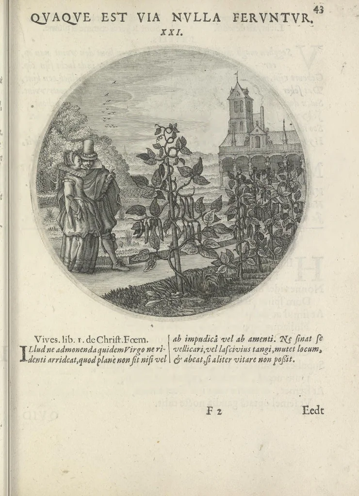 An illustration from Maechden-pflicht ofte ampt der ionck-vrovvven in eerbaer liefde aen-ghewesen door sinne-beelden. Officivm puellarum in castis amoribus emblemate expressum, 1618, leaf 62