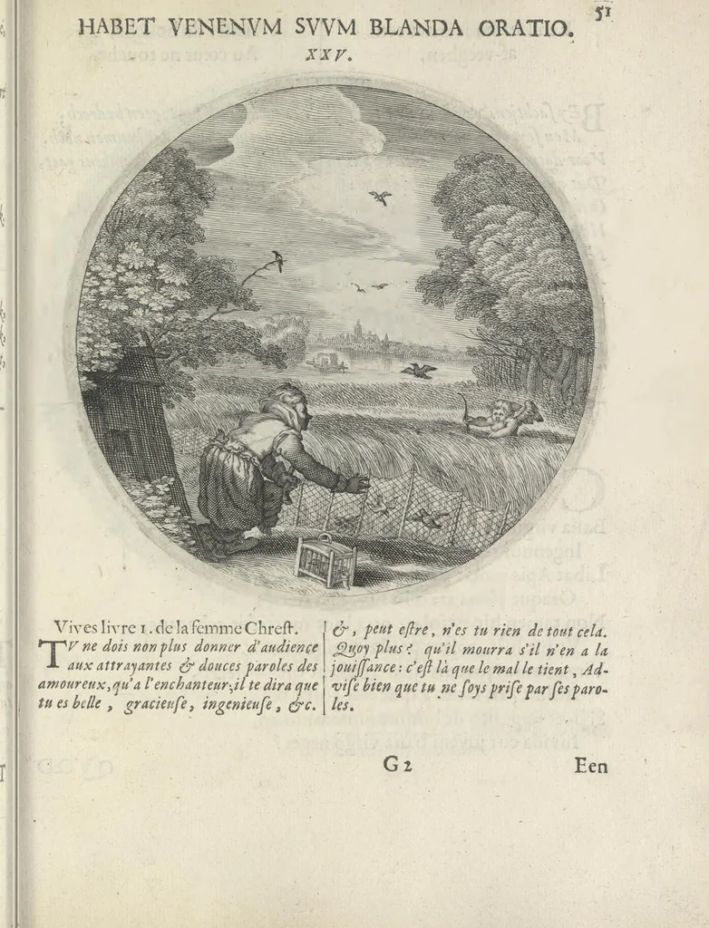 An illustration from Maechden-pflicht ofte ampt der ionck-vrovvven in eerbaer liefde aen-ghewesen door sinne-beelden. Officivm puellarum in castis amoribus emblemate expressum, 1618, leaf 70