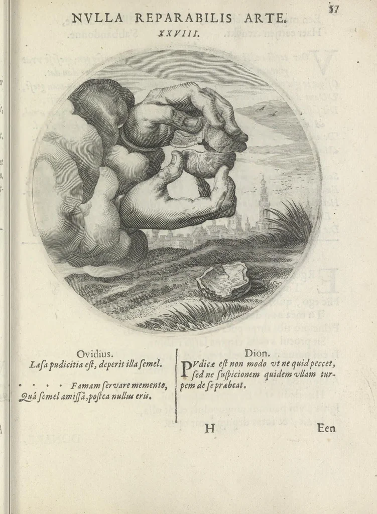 An illustration from Maechden-pflicht ofte ampt der ionck-vrovvven in eerbaer liefde aen-ghewesen door sinne-beelden. Officivm puellarum in castis amoribus emblemate expressum, 1618, leaf 76