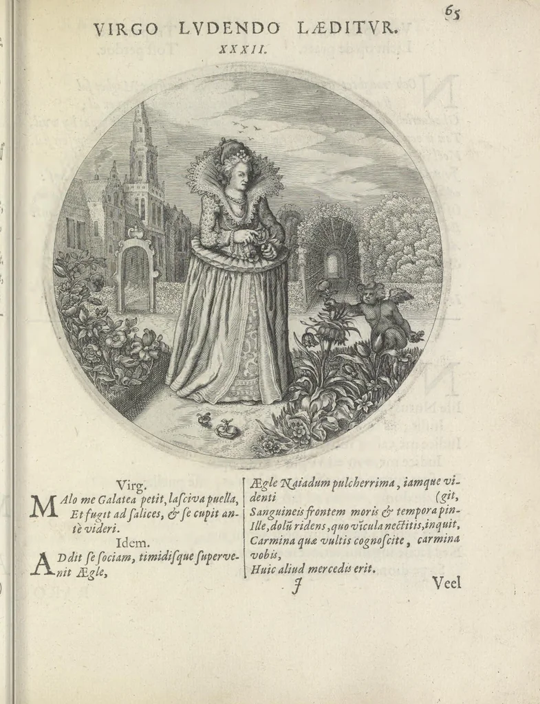 An illustration from Maechden-pflicht ofte ampt der ionck-vrovvven in eerbaer liefde aen-ghewesen door sinne-beelden. Officivm puellarum in castis amoribus emblemate expressum, 1618, leaf 84