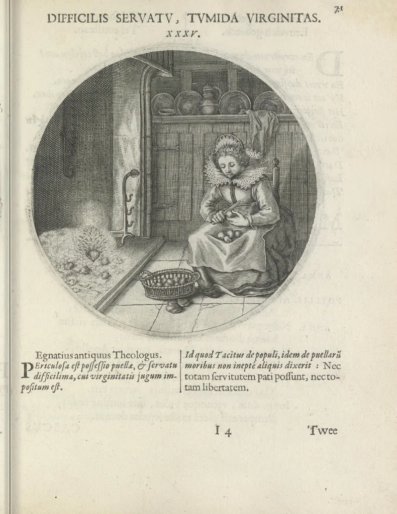 An illustration from Maechden-pflicht ofte ampt der ionck-vrovvven in eerbaer liefde aen-ghewesen door sinne-beelden. Officivm puellarum in castis amoribus emblemate expressum, 1618, leaf 90