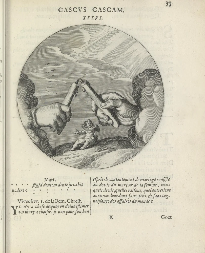 An illustration from Maechden-pflicht ofte ampt der ionck-vrovvven in eerbaer liefde aen-ghewesen door sinne-beelden. Officivm puellarum in castis amoribus emblemate expressum, 1618, leaf 92