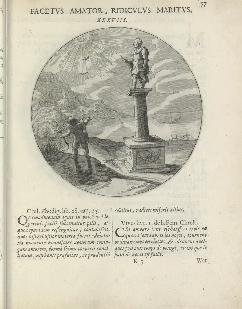 An illustration from Maechden-pflicht ofte ampt der ionck-vrovvven in eerbaer liefde aen-ghewesen door sinne-beelden. Officivm puellarum in castis amoribus emblemate expressum, 1618, leaf 96
