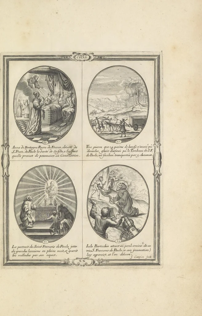 An illustration from Les figvres e l'abregé de la vie, de la mort, et des miracles de S. Francois de Pavle, instituteur et fondateur de l'Ordre des Minimes : Recevillies de la bvlle de Leon X. & des Enquestes faites pour proceder a sa canonisation, 1659, leaf 100