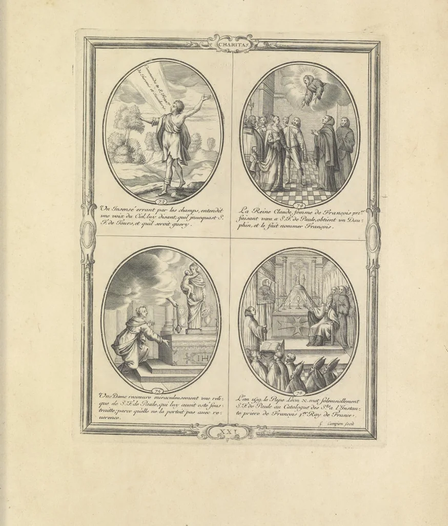 An illustration from Les figvres e l'abregé de la vie, de la mort, et des miracles de S. Francois de Pavle, instituteur et fondateur de l'Ordre des Minimes : Recevillies de la bvlle de Leon X. & des Enquestes faites pour proceder a sa canonisation, 1659, leaf 104