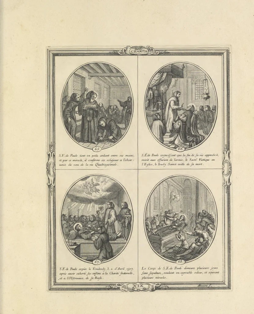 An illustration from Les figvres e l'abregé de la vie, de la mort, et des miracles de S. Francois de Pavle, instituteur et fondateur de l'Ordre des Minimes : Recevillies de la bvlle de Leon X. & des Enquestes faites pour proceder a sa canonisation, 1659, leaf 96
