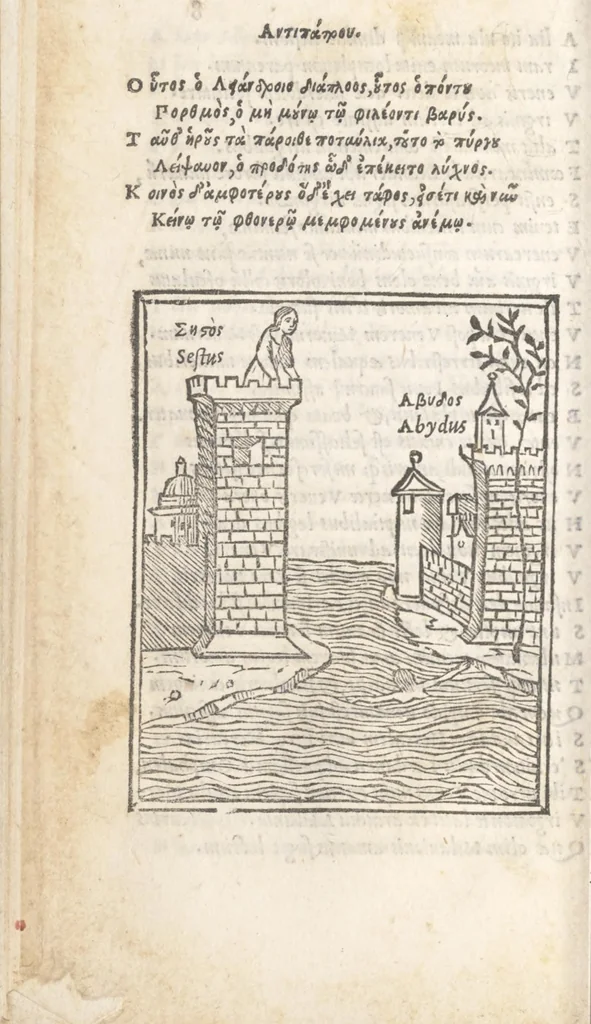 An illustration from Mousaiou Poiemation Ta kath' Hērō kai Leandron ; Orpheōs Argonautika ; Tou autou humnoi ; Orpheus peri lithōn = Musaei Opusculum de Herone & Leandro ; Orphei argonautica ; Eiusdem hymni ; Orpheus de lapidibus, 1517, leaf 21