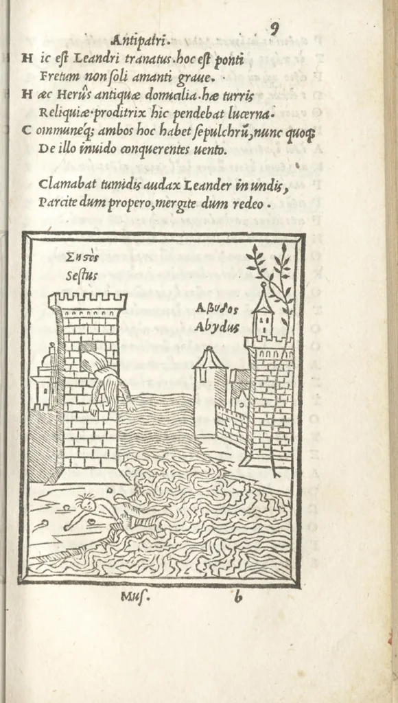 An illustration from Mousaiou Poiemation Ta kath' Hērō kai Leandron ; Orpheōs Argonautika ; Tou autou humnoi ; Orpheus peri lithōn = Musaei Opusculum de Herone & Leandro ; Orphei argonautica ; Eiusdem hymni ; Orpheus de lapidibus, 1517, leaf 22
