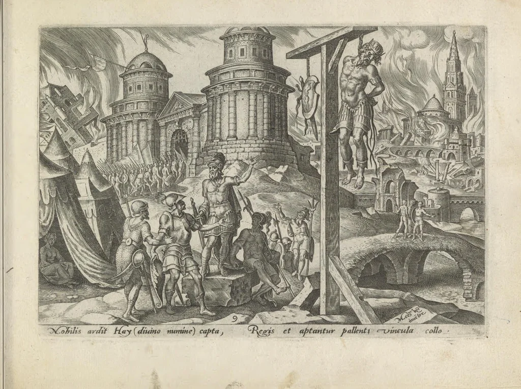 An illustration from Damvs tibi, benigne lector, vno libello tanqvam in specvlo exhibitas, memorabiliores Ivdaea gentis clades : vt delictorvm semper comites, ita cvm presenti, tvm posterae aetati pro exemplis fvtvras, 1570, leaf 26
