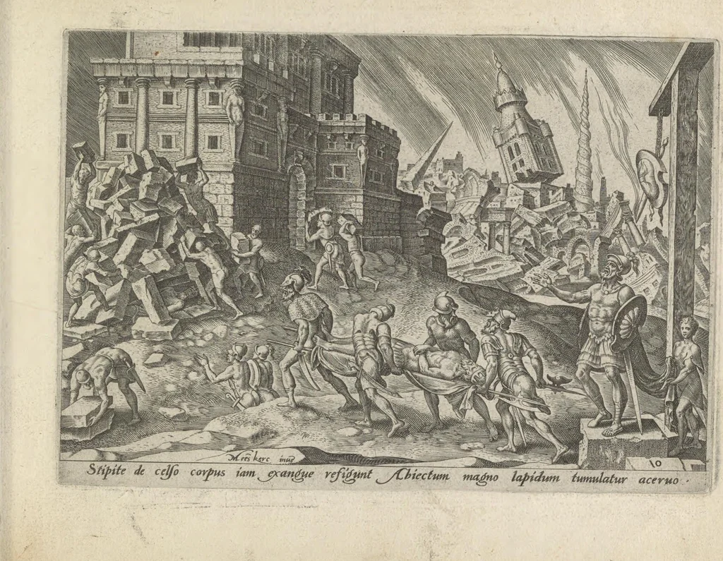 An illustration from Damvs tibi, benigne lector, vno libello tanqvam in specvlo exhibitas, memorabiliores Ivdaea gentis clades : vt delictorvm semper comites, ita cvm presenti, tvm posterae aetati pro exemplis fvtvras, 1570, leaf 28