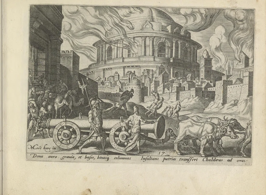 An illustration from Damvs tibi, benigne lector, vno libello tanqvam in specvlo exhibitas, memorabiliores Ivdaea gentis clades : vt delictorvm semper comites, ita cvm presenti, tvm posterae aetati pro exemplis fvtvras, 1570, leaf 42