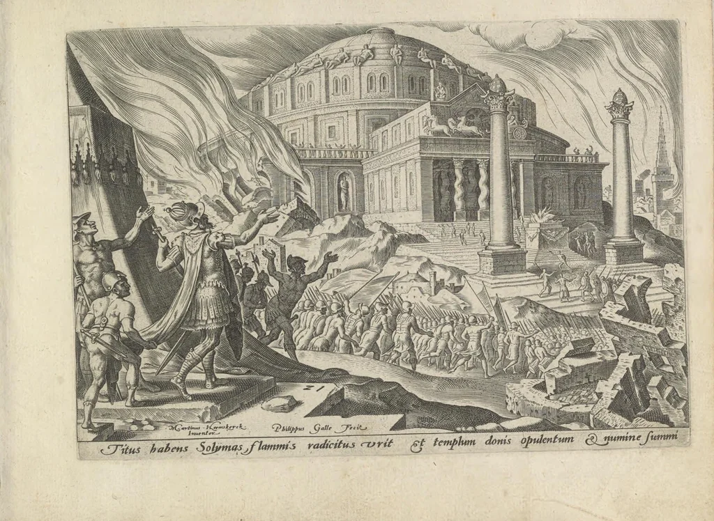 An illustration from Damvs tibi, benigne lector, vno libello tanqvam in specvlo exhibitas, memorabiliores Ivdaea gentis clades : vt delictorvm semper comites, ita cvm presenti, tvm posterae aetati pro exemplis fvtvras, 1570, leaf 50