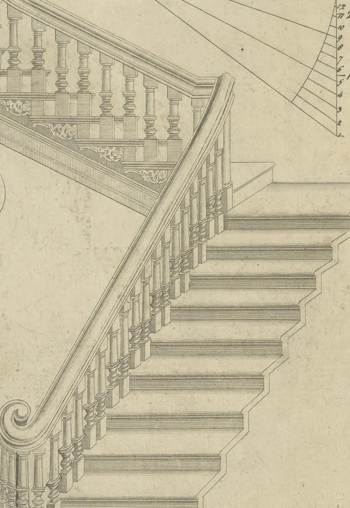 An illustration from The British architect; or, The builder's treasury of staircases : Containing, I. An easier, more intelligible, and expeditious method of drawing the five orders, than has hitherto been published ... II. Likewise stair-cases ... III. Designs of arches, doors, and windows. IV. A great variety of new and curious chimney-pieces ... V. Corbels, shields, and other beautiful decorations. VI. Several useful and necessary rules of carpentry ... The whole being illustrated with upwards of one hundred designs and examples, curiously engraved by the best hands on sixty folio copper plates, 1758, leaf 105
