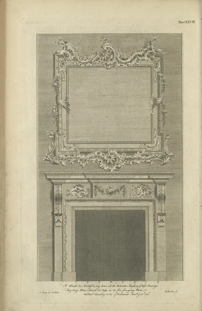 An illustration from The British architect; or, The builder's treasury of staircases : Containing, I. An easier, more intelligible, and expeditious method of drawing the five orders, than has hitherto been published ... II. Likewise stair-cases ... III. Designs of arches, doors, and windows. IV. A great variety of new and curious chimney-pieces ... V. Corbels, shields, and other beautiful decorations. VI. Several useful and necessary rules of carpentry ... The whole being illustrated with upwards of one hundred designs and examples, curiously engraved by the best hands on sixty folio copper plates, 1758, leaf 129