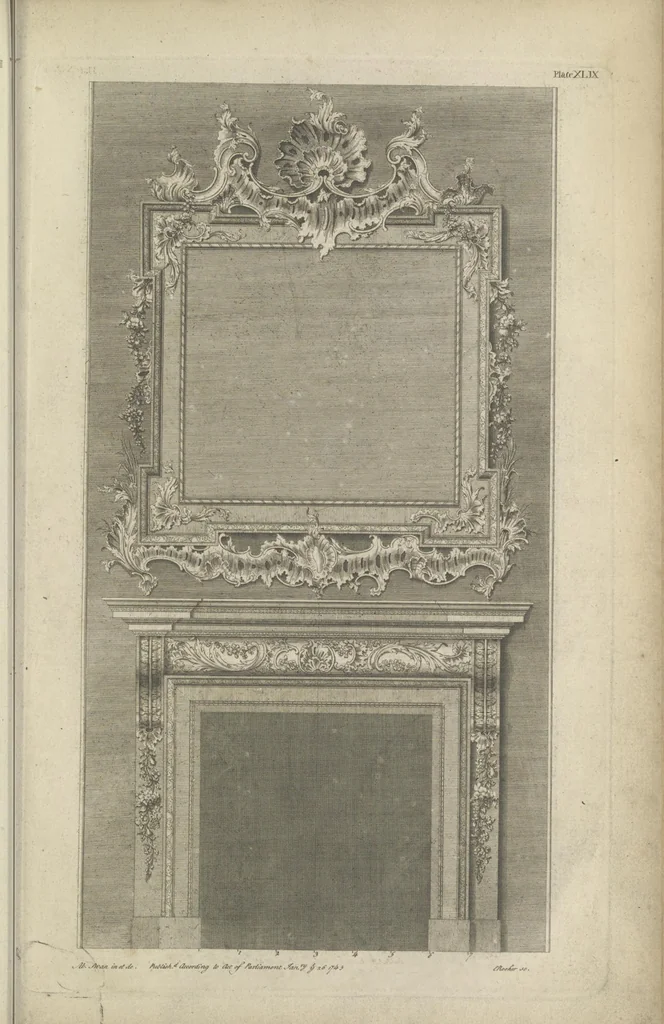 An illustration from The British architect; or, The builder's treasury of staircases : Containing, I. An easier, more intelligible, and expeditious method of drawing the five orders, than has hitherto been published ... II. Likewise stair-cases ... III. Designs of arches, doors, and windows. IV. A great variety of new and curious chimney-pieces ... V. Corbels, shields, and other beautiful decorations. VI. Several useful and necessary rules of carpentry ... The whole being illustrated with upwards of one hundred designs and examples, curiously engraved by the best hands on sixty folio copper plates, 1758, leaf 130