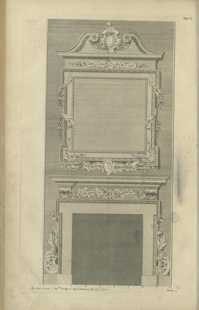 An illustration from The British architect; or, The builder's treasury of staircases : Containing, I. An easier, more intelligible, and expeditious method of drawing the five orders, than has hitherto been published ... II. Likewise stair-cases ... III. Designs of arches, doors, and windows. IV. A great variety of new and curious chimney-pieces ... V. Corbels, shields, and other beautiful decorations. VI. Several useful and necessary rules of carpentry ... The whole being illustrated with upwards of one hundred designs and examples, curiously engraved by the best hands on sixty folio copper plates, 1758, leaf 133