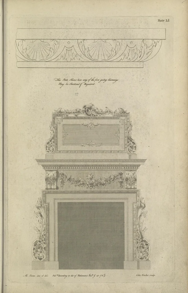 An illustration from The British architect; or, The builder's treasury of staircases : Containing, I. An easier, more intelligible, and expeditious method of drawing the five orders, than has hitherto been published ... II. Likewise stair-cases ... III. Designs of arches, doors, and windows. IV. A great variety of new and curious chimney-pieces ... V. Corbels, shields, and other beautiful decorations. VI. Several useful and necessary rules of carpentry ... The whole being illustrated with upwards of one hundred designs and examples, curiously engraved by the best hands on sixty folio copper plates, 1758, leaf 134