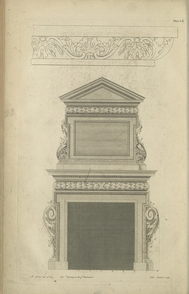 An illustration from The British architect; or, The builder's treasury of staircases : Containing, I. An easier, more intelligible, and expeditious method of drawing the five orders, than has hitherto been published ... II. Likewise stair-cases ... III. Designs of arches, doors, and windows. IV. A great variety of new and curious chimney-pieces ... V. Corbels, shields, and other beautiful decorations. VI. Several useful and necessary rules of carpentry ... The whole being illustrated with upwards of one hundred designs and examples, curiously engraved by the best hands on sixty folio copper plates, 1758, leaf 137