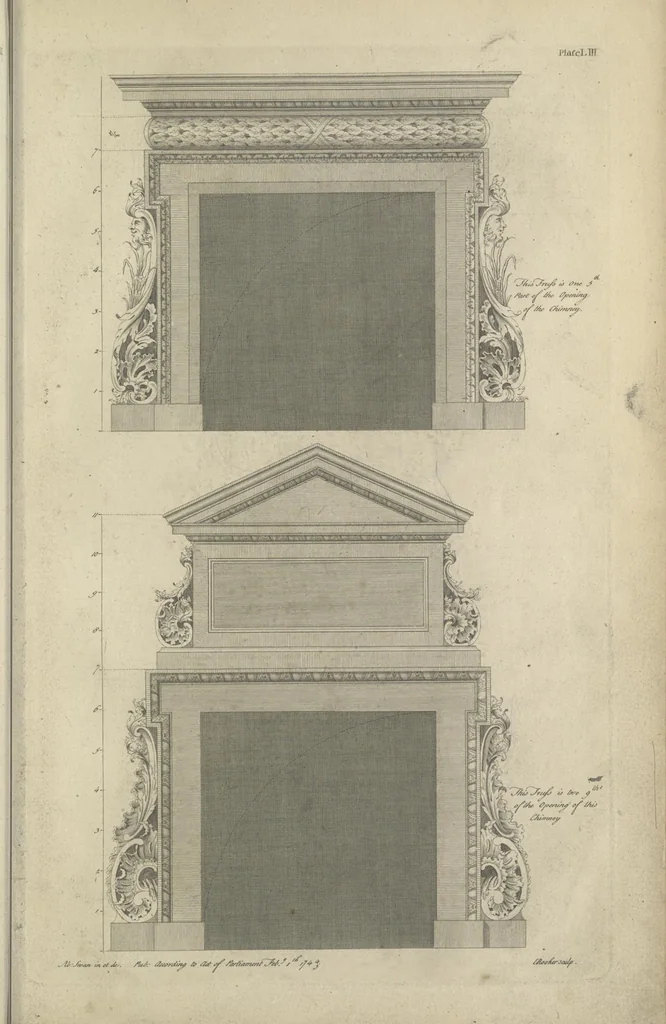 An illustration from The British architect; or, The builder's treasury of staircases : Containing, I. An easier, more intelligible, and expeditious method of drawing the five orders, than has hitherto been published ... II. Likewise stair-cases ... III. Designs of arches, doors, and windows. IV. A great variety of new and curious chimney-pieces ... V. Corbels, shields, and other beautiful decorations. VI. Several useful and necessary rules of carpentry ... The whole being illustrated with upwards of one hundred designs and examples, curiously engraved by the best hands on sixty folio copper plates, 1758, leaf 138