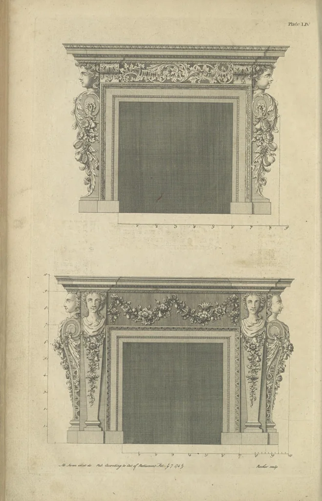 An illustration from The British architect; or, The builder's treasury of staircases : Containing, I. An easier, more intelligible, and expeditious method of drawing the five orders, than has hitherto been published ... II. Likewise stair-cases ... III. Designs of arches, doors, and windows. IV. A great variety of new and curious chimney-pieces ... V. Corbels, shields, and other beautiful decorations. VI. Several useful and necessary rules of carpentry ... The whole being illustrated with upwards of one hundred designs and examples, curiously engraved by the best hands on sixty folio copper plates, 1758, leaf 141