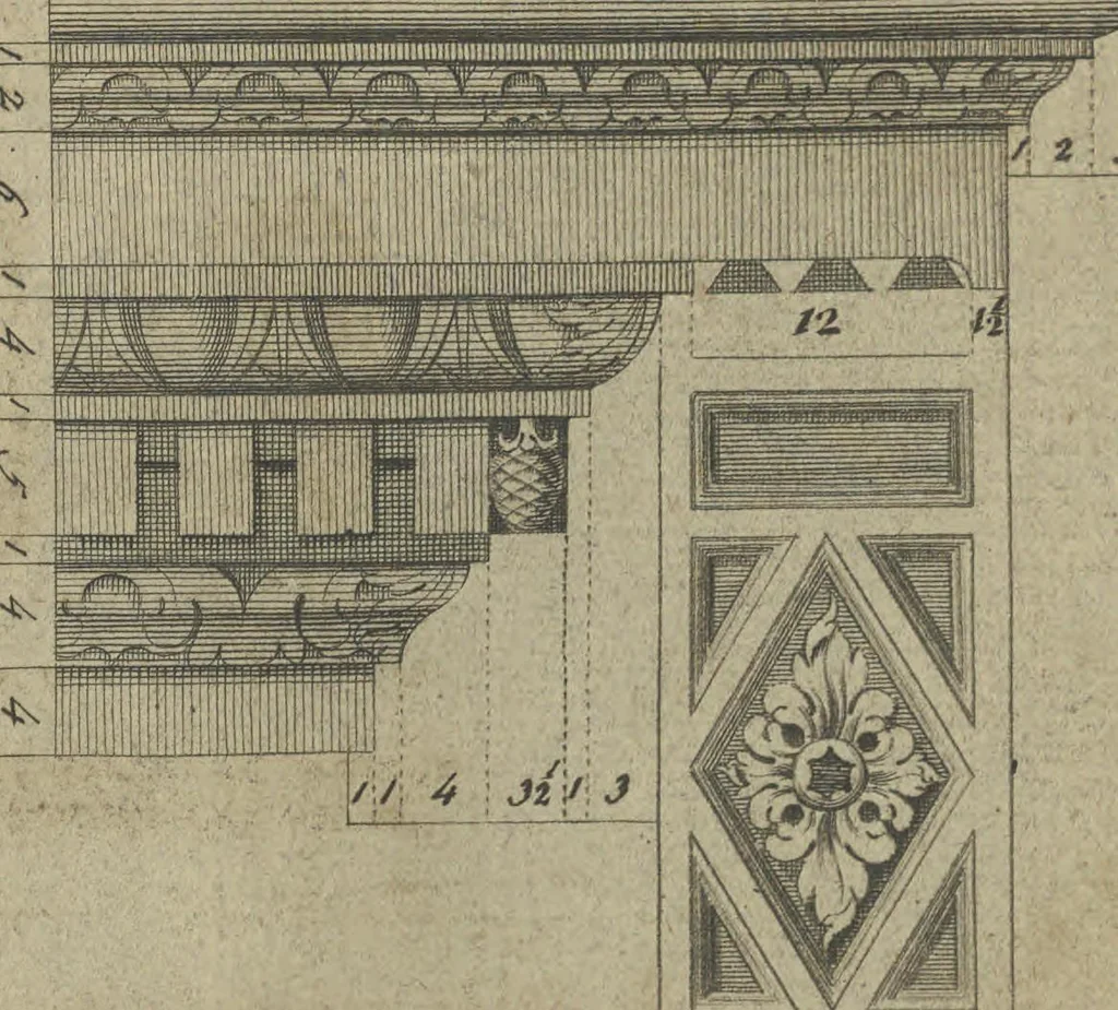 An illustration from The British architect; or, The builder's treasury of staircases : Containing, I. An easier, more intelligible, and expeditious method of drawing the five orders, than has hitherto been published ... II. Likewise stair-cases ... III. Designs of arches, doors, and windows. IV. A great variety of new and curious chimney-pieces ... V. Corbels, shields, and other beautiful decorations. VI. Several useful and necessary rules of carpentry ... The whole being illustrated with upwards of one hundred designs and examples, curiously engraved by the best hands on sixty folio copper plates, 1758, leaf 39