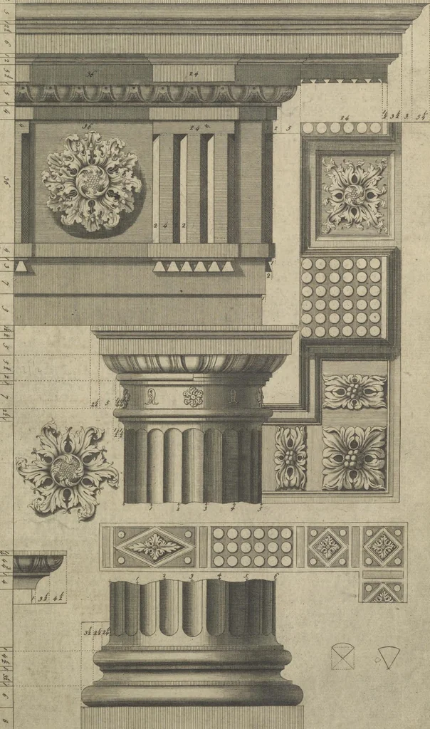 An illustration from The British architect; or, The builder's treasury of staircases : Containing, I. An easier, more intelligible, and expeditious method of drawing the five orders, than has hitherto been published ... II. Likewise stair-cases ... III. Designs of arches, doors, and windows. IV. A great variety of new and curious chimney-pieces ... V. Corbels, shields, and other beautiful decorations. VI. Several useful and necessary rules of carpentry ... The whole being illustrated with upwards of one hundred designs and examples, curiously engraved by the best hands on sixty folio copper plates, 1758, leaf 40