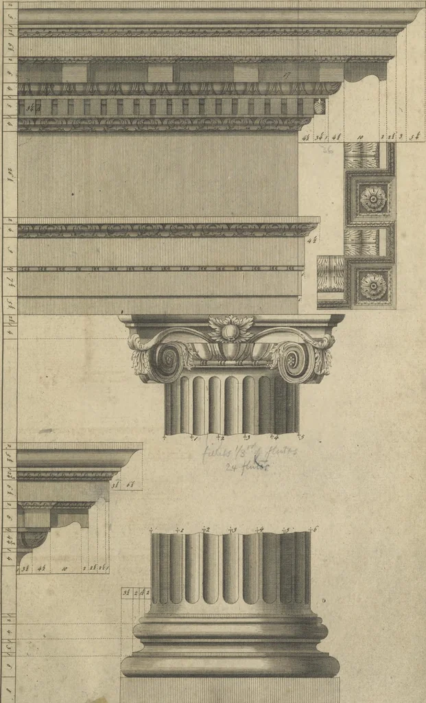 An illustration from The British architect; or, The builder's treasury of staircases : Containing, I. An easier, more intelligible, and expeditious method of drawing the five orders, than has hitherto been published ... II. Likewise stair-cases ... III. Designs of arches, doors, and windows. IV. A great variety of new and curious chimney-pieces ... V. Corbels, shields, and other beautiful decorations. VI. Several useful and necessary rules of carpentry ... The whole being illustrated with upwards of one hundred designs and examples, curiously engraved by the best hands on sixty folio copper plates, 1758, leaf 46