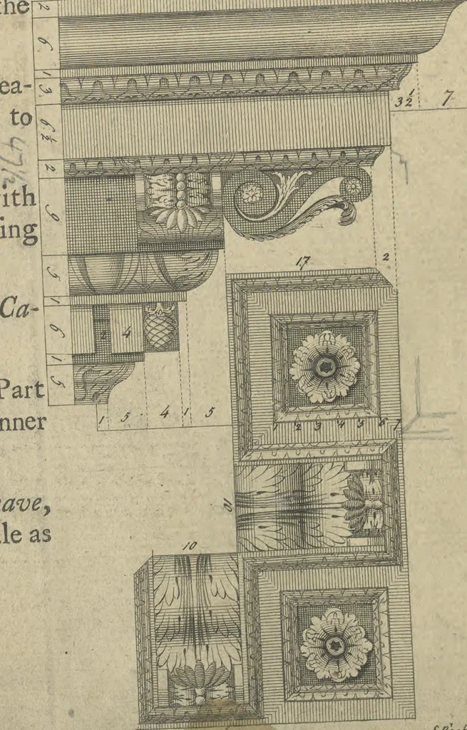 An illustration from The British architect; or, The builder's treasury of staircases : Containing, I. An easier, more intelligible, and expeditious method of drawing the five orders, than has hitherto been published ... II. Likewise stair-cases ... III. Designs of arches, doors, and windows. IV. A great variety of new and curious chimney-pieces ... V. Corbels, shields, and other beautiful decorations. VI. Several useful and necessary rules of carpentry ... The whole being illustrated with upwards of one hundred designs and examples, curiously engraved by the best hands on sixty folio copper plates, 1758, leaf 53