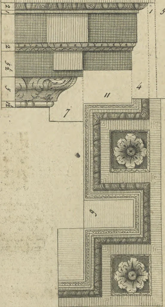 An illustration from The British architect; or, The builder's treasury of staircases : Containing, I. An easier, more intelligible, and expeditious method of drawing the five orders, than has hitherto been published ... II. Likewise stair-cases ... III. Designs of arches, doors, and windows. IV. A great variety of new and curious chimney-pieces ... V. Corbels, shields, and other beautiful decorations. VI. Several useful and necessary rules of carpentry ... The whole being illustrated with upwards of one hundred designs and examples, curiously engraved by the best hands on sixty folio copper plates, 1758, leaf 61
