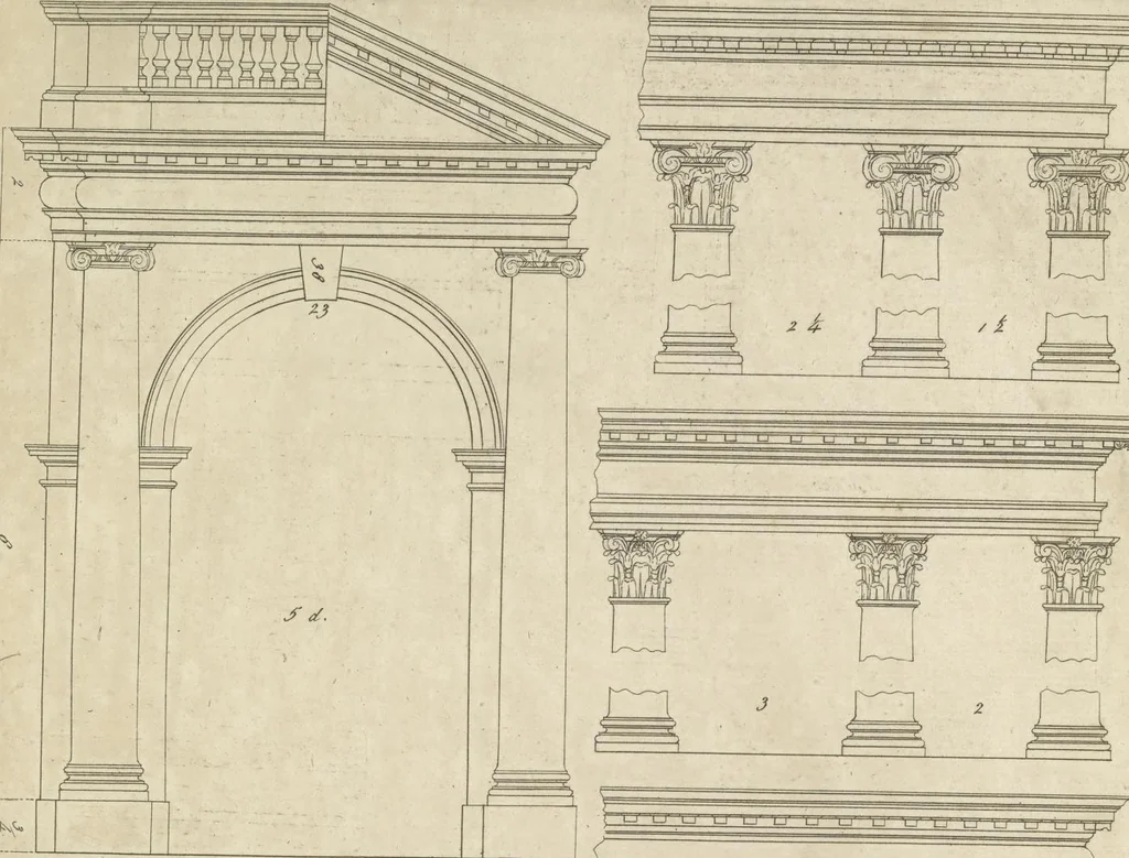 An illustration from The British architect; or, The builder's treasury of staircases : Containing, I. An easier, more intelligible, and expeditious method of drawing the five orders, than has hitherto been published ... II. Likewise stair-cases ... III. Designs of arches, doors, and windows. IV. A great variety of new and curious chimney-pieces ... V. Corbels, shields, and other beautiful decorations. VI. Several useful and necessary rules of carpentry ... The whole being illustrated with upwards of one hundred designs and examples, curiously engraved by the best hands on sixty folio copper plates, 1758, leaf 74