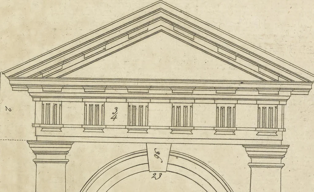 An illustration from The British architect; or, The builder's treasury of staircases : Containing, I. An easier, more intelligible, and expeditious method of drawing the five orders, than has hitherto been published ... II. Likewise stair-cases ... III. Designs of arches, doors, and windows. IV. A great variety of new and curious chimney-pieces ... V. Corbels, shields, and other beautiful decorations. VI. Several useful and necessary rules of carpentry ... The whole being illustrated with upwards of one hundred designs and examples, curiously engraved by the best hands on sixty folio copper plates, 1758, leaf 74
