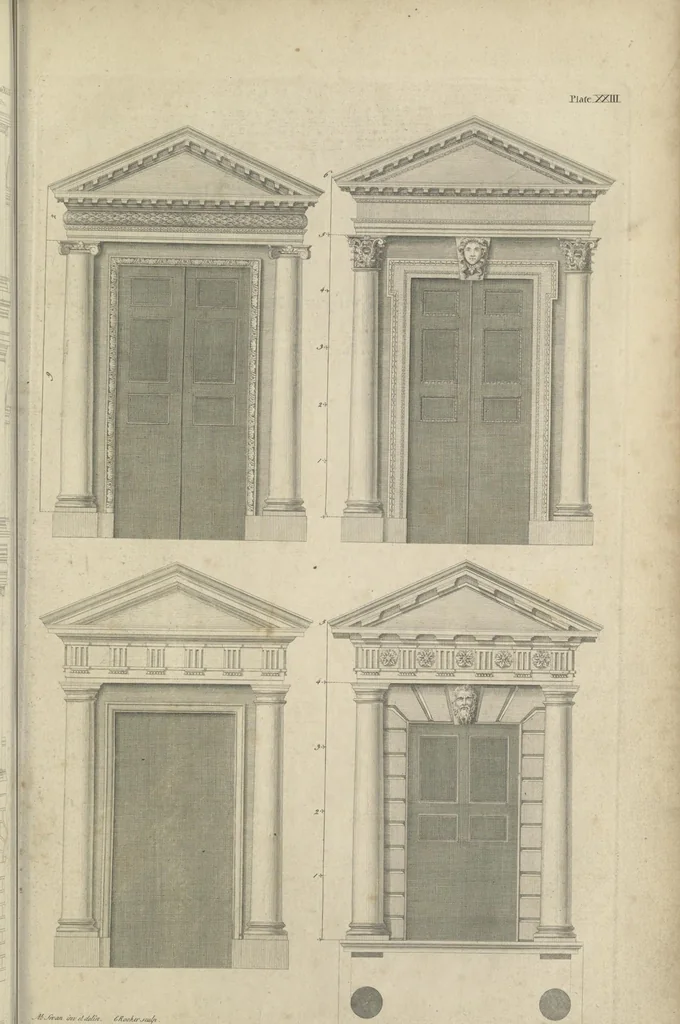 An illustration from The British architect; or, The builder's treasury of staircases : Containing, I. An easier, more intelligible, and expeditious method of drawing the five orders, than has hitherto been published ... II. Likewise stair-cases ... III. Designs of arches, doors, and windows. IV. A great variety of new and curious chimney-pieces ... V. Corbels, shields, and other beautiful decorations. VI. Several useful and necessary rules of carpentry ... The whole being illustrated with upwards of one hundred designs and examples, curiously engraved by the best hands on sixty folio copper plates, 1758, leaf 78