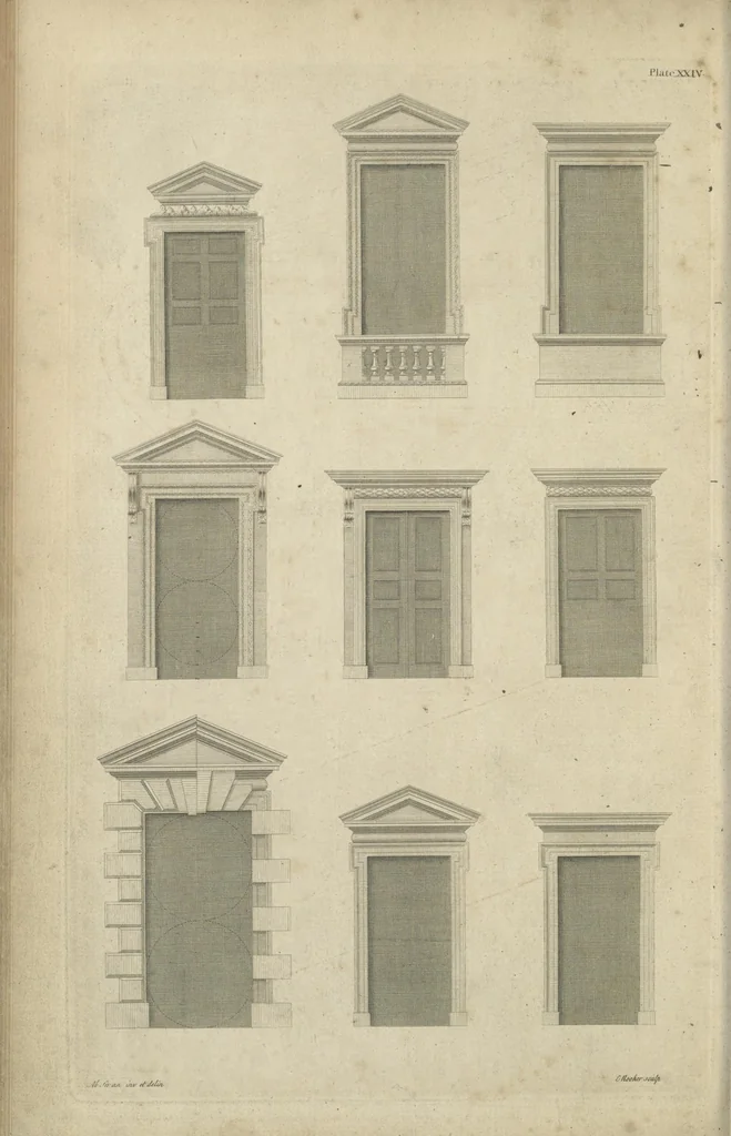 An illustration from The British architect; or, The builder's treasury of staircases : Containing, I. An easier, more intelligible, and expeditious method of drawing the five orders, than has hitherto been published ... II. Likewise stair-cases ... III. Designs of arches, doors, and windows. IV. A great variety of new and curious chimney-pieces ... V. Corbels, shields, and other beautiful decorations. VI. Several useful and necessary rules of carpentry ... The whole being illustrated with upwards of one hundred designs and examples, curiously engraved by the best hands on sixty folio copper plates, 1758, leaf 81