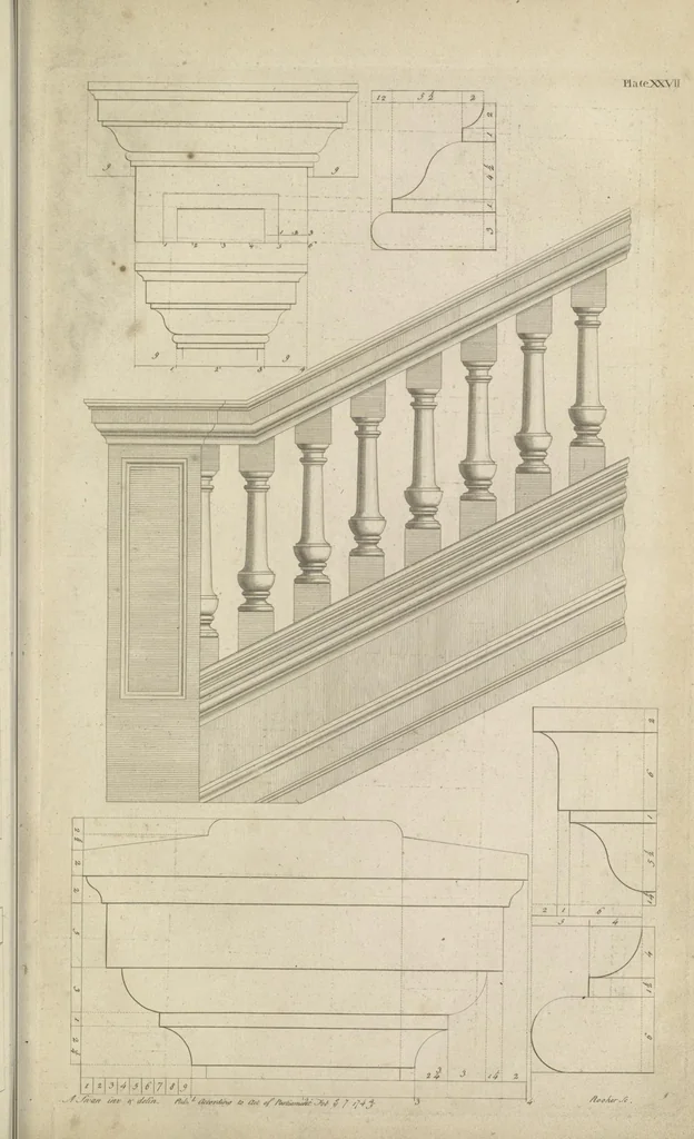An illustration from The British architect; or, The builder's treasury of staircases : Containing, I. An easier, more intelligible, and expeditious method of drawing the five orders, than has hitherto been published ... II. Likewise stair-cases ... III. Designs of arches, doors, and windows. IV. A great variety of new and curious chimney-pieces ... V. Corbels, shields, and other beautiful decorations. VI. Several useful and necessary rules of carpentry ... The whole being illustrated with upwards of one hundred designs and examples, curiously engraved by the best hands on sixty folio copper plates, 1758, leaf 86