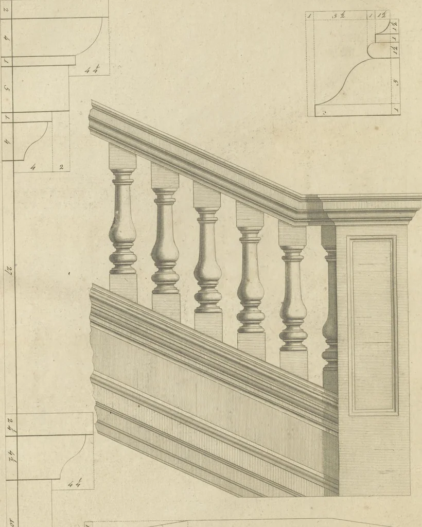 An illustration from The British architect; or, The builder's treasury of staircases : Containing, I. An easier, more intelligible, and expeditious method of drawing the five orders, than has hitherto been published ... II. Likewise stair-cases ... III. Designs of arches, doors, and windows. IV. A great variety of new and curious chimney-pieces ... V. Corbels, shields, and other beautiful decorations. VI. Several useful and necessary rules of carpentry ... The whole being illustrated with upwards of one hundred designs and examples, curiously engraved by the best hands on sixty folio copper plates, 1758, leaf 89
