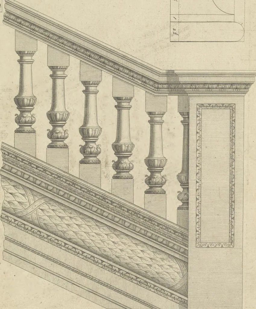 An illustration from The British architect; or, The builder's treasury of staircases : Containing, I. An easier, more intelligible, and expeditious method of drawing the five orders, than has hitherto been published ... II. Likewise stair-cases ... III. Designs of arches, doors, and windows. IV. A great variety of new and curious chimney-pieces ... V. Corbels, shields, and other beautiful decorations. VI. Several useful and necessary rules of carpentry ... The whole being illustrated with upwards of one hundred designs and examples, curiously engraved by the best hands on sixty folio copper plates, 1758, leaf 90