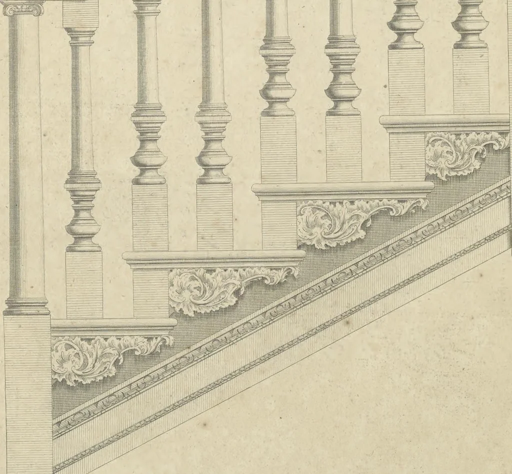 An illustration from The British architect; or, The builder's treasury of staircases : Containing, I. An easier, more intelligible, and expeditious method of drawing the five orders, than has hitherto been published ... II. Likewise stair-cases ... III. Designs of arches, doors, and windows. IV. A great variety of new and curious chimney-pieces ... V. Corbels, shields, and other beautiful decorations. VI. Several useful and necessary rules of carpentry ... The whole being illustrated with upwards of one hundred designs and examples, curiously engraved by the best hands on sixty folio copper plates, 1758, leaf 97