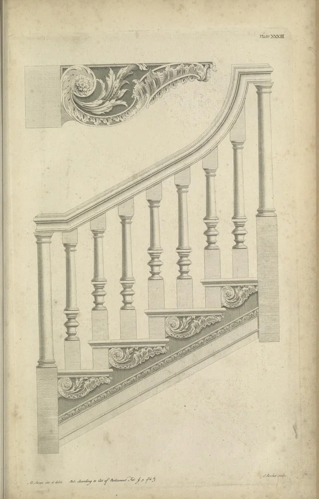 An illustration from The British architect; or, The builder's treasury of staircases : Containing, I. An easier, more intelligible, and expeditious method of drawing the five orders, than has hitherto been published ... II. Likewise stair-cases ... III. Designs of arches, doors, and windows. IV. A great variety of new and curious chimney-pieces ... V. Corbels, shields, and other beautiful decorations. VI. Several useful and necessary rules of carpentry ... The whole being illustrated with upwards of one hundred designs and examples, curiously engraved by the best hands on sixty folio copper plates, 1758, leaf 98