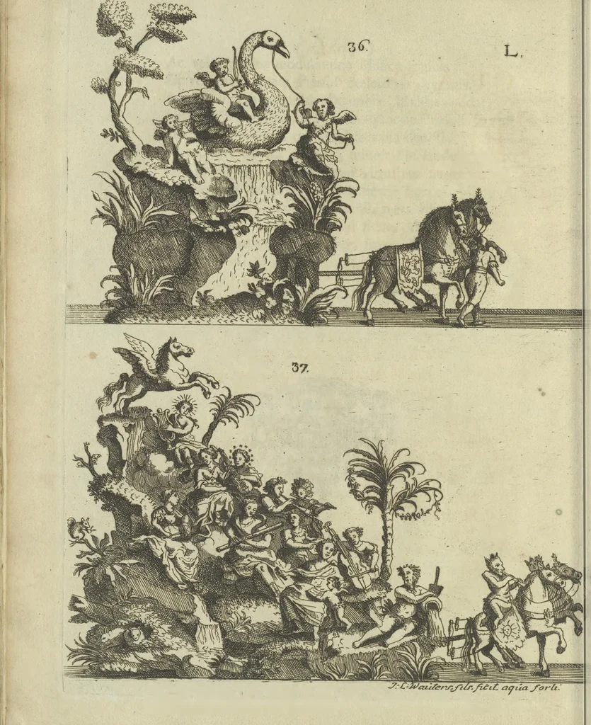 An illustration from Description du jubilé de sept cens ans de S. Macaire, patron particulier contre la peste, qui sera céléré dans la ville de Grand ... a commencer le 30. de mai jusqu'au 15. juin 1767, avec le détail ultérieur des cérémonies, solemnités, cavalcade, ornemens & feux d'artifice, &c. &c. qui auront lieu à cette occasion, 1767, leaf 107