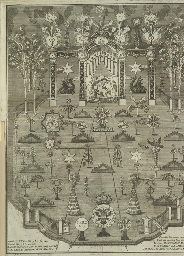 An illustration from Description du jubilé de sept cens ans de S. Macaire, patron particulier contre la peste, qui sera céléré dans la ville de Grand ... a commencer le 30. de mai jusqu'au 15. juin 1767, avec le détail ultérieur des cérémonies, solemnités, cavalcade, ornemens & feux d'artifice, &c. &c. qui auront lieu à cette occasion, 1767, leaf 147