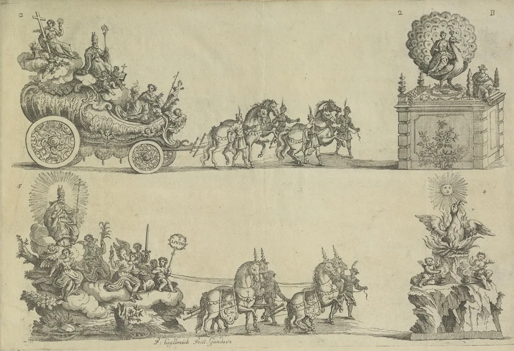 An illustration from Description du jubilé de sept cens ans de S. Macaire, patron particulier contre la peste, qui sera céléré dans la ville de Grand ... a commencer le 30. de mai jusqu'au 15. juin 1767, avec le détail ultérieur des cérémonies, solemnités, cavalcade, ornemens & feux d'artifice, &c. &c. qui auront lieu à cette occasion, 1767, leaf 29