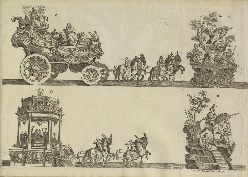An illustration from Description du jubilé de sept cens ans de S. Macaire, patron particulier contre la peste, qui sera céléré dans la ville de Grand ... a commencer le 30. de mai jusqu'au 15. juin 1767, avec le détail ultérieur des cérémonies, solemnités, cavalcade, ornemens & feux d'artifice, &c. &c. qui auront lieu à cette occasion, 1767, leaf 43