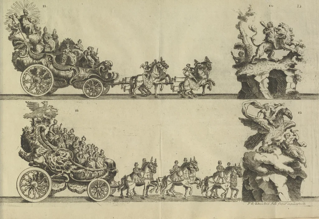 An illustration from Description du jubilé de sept cens ans de S. Macaire, patron particulier contre la peste, qui sera céléré dans la ville de Grand ... a commencer le 30. de mai jusqu'au 15. juin 1767, avec le détail ultérieur des cérémonies, solemnités, cavalcade, ornemens & feux d'artifice, &c. &c. qui auront lieu à cette occasion, 1767, leaf 55