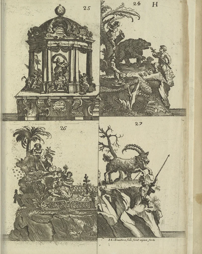 An illustration from Description du jubilé de sept cens ans de S. Macaire, patron particulier contre la peste, qui sera céléré dans la ville de Grand ... a commencer le 30. de mai jusqu'au 15. juin 1767, avec le détail ultérieur des cérémonies, solemnités, cavalcade, ornemens & feux d'artifice, &c. &c. qui auront lieu à cette occasion, 1767, leaf 84