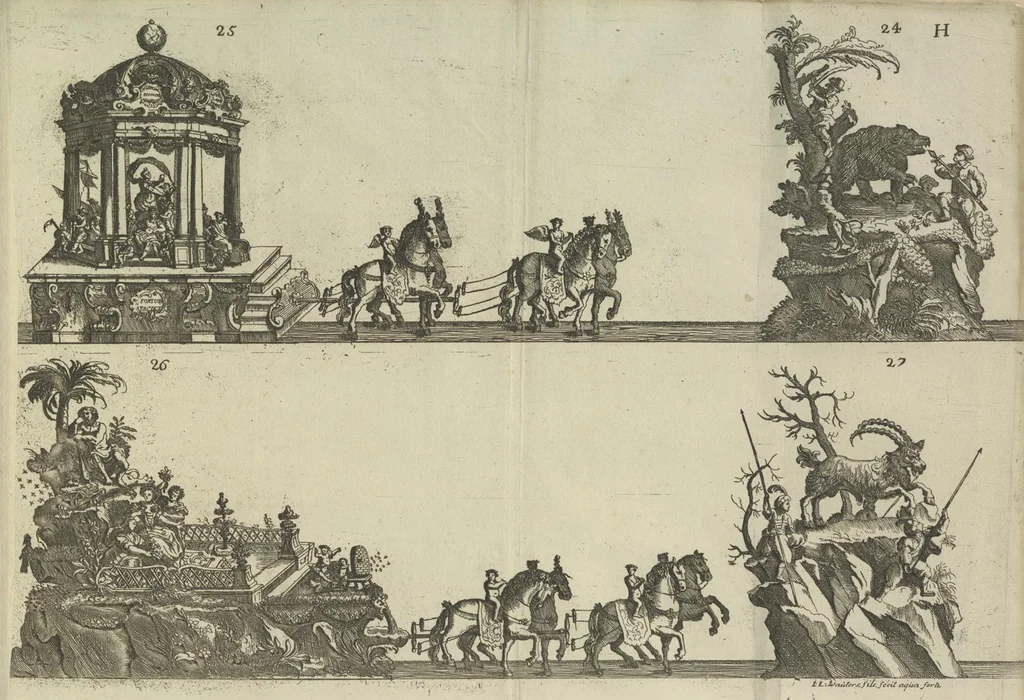 An illustration from Description du jubilé de sept cens ans de S. Macaire, patron particulier contre la peste, qui sera céléré dans la ville de Grand ... a commencer le 30. de mai jusqu'au 15. juin 1767, avec le détail ultérieur des cérémonies, solemnités, cavalcade, ornemens & feux d'artifice, &c. &c. qui auront lieu à cette occasion, 1767, leaf 85