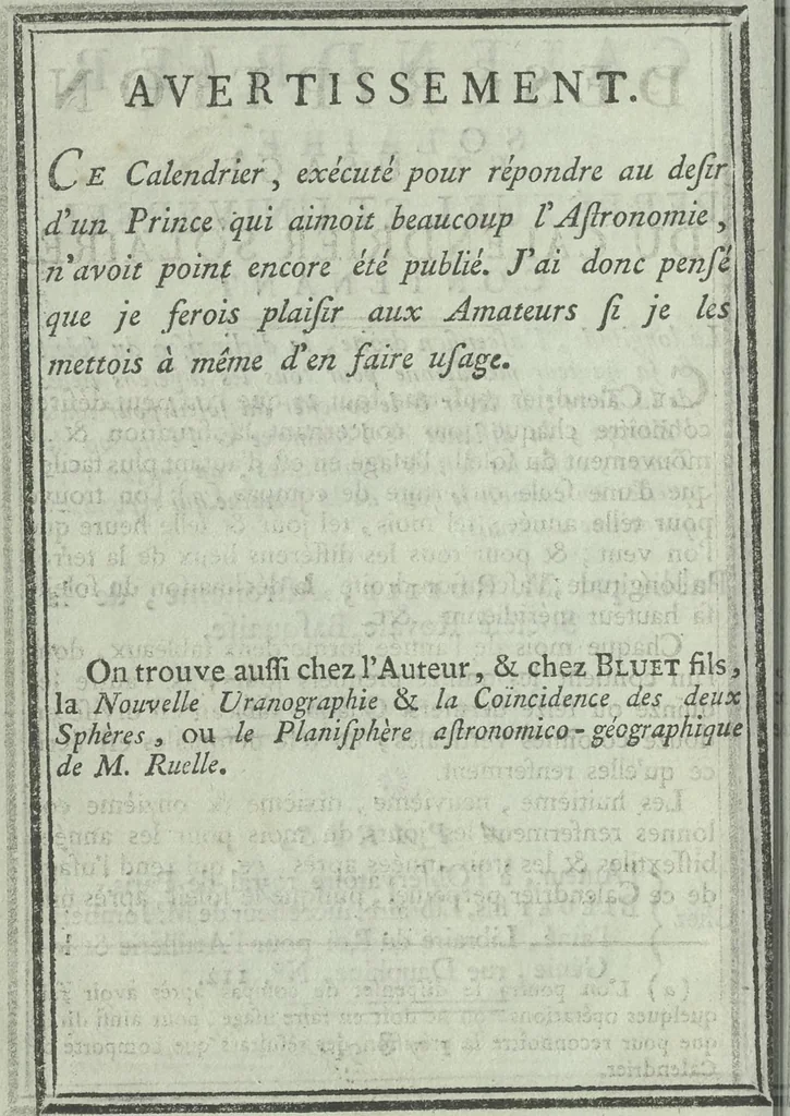 An illustration from Calendrier solaire, perpétuel et universel, 1789, leaf 11
