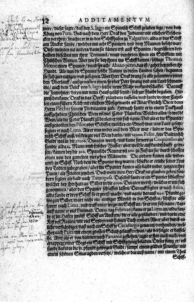 An illustration from Additamentvm; das ist, Zuthuung zweyer fürnemmer Reysen ... Herrn Francisci Draken ... in die West Indien vnd Americam gethan : neben noch etlichen Figuren ... so beydes in das siebende vnd achte Theil Americae gehören. Item, die Reyse der holländischen Armada in die Insel Gross Canarien , welche ... 1599 ... von Holland ... ausgefahren, 1600, leaf 13
